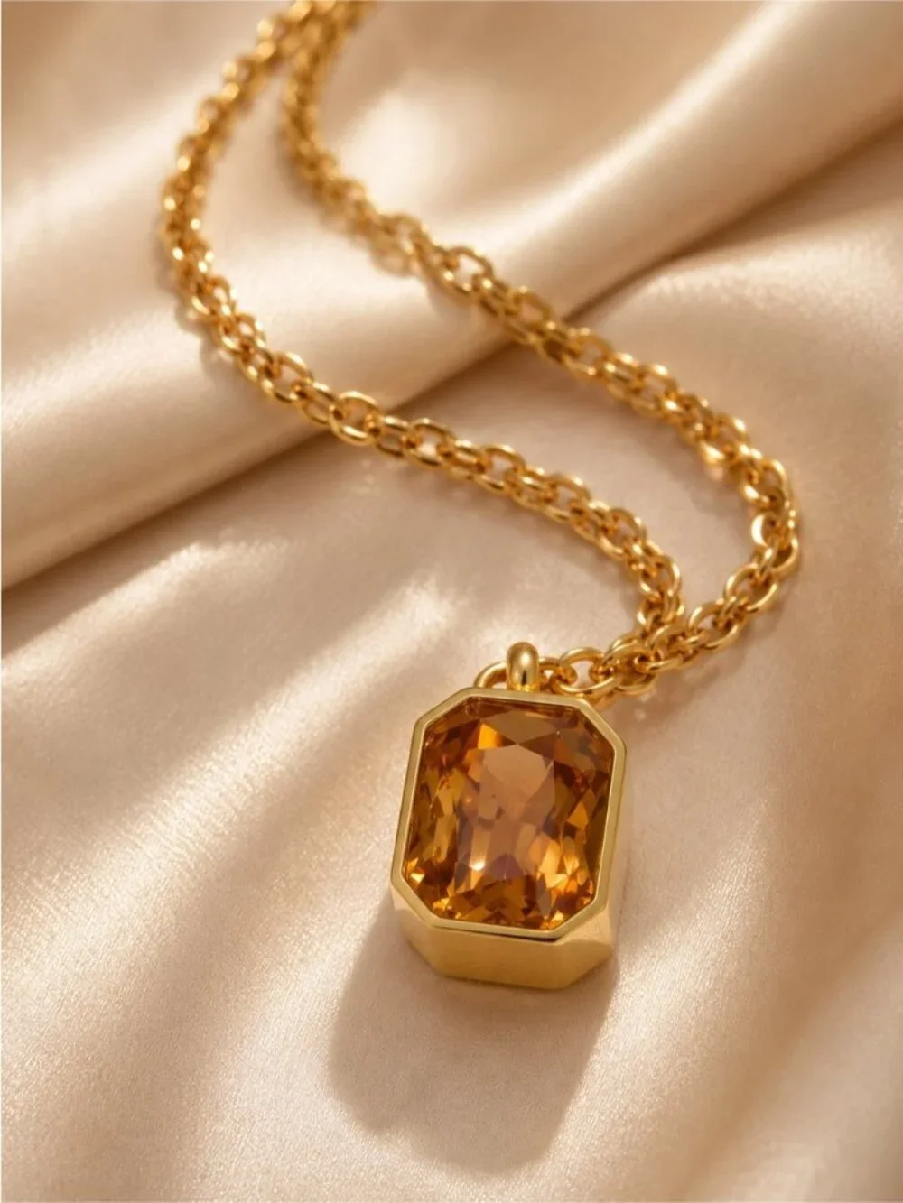 18K Gold plated Chain Necklace with Amber-Tone Faceted Pendant